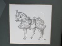 Image 3 of Small Pencil Drawing of 18th Century Horse Armour by V Hart, in Frame Sized 8 6/10 x 8 6/10 ins  