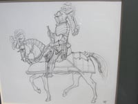 Image 2 of Small Pencil Drawing, 16th Century Knight on Horse by V Hart, in Vintage Frame 10 1/2 x 10 1/2 ins  