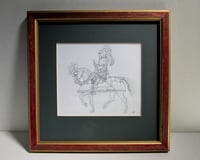 Image 1 of Small Pencil Drawing, 16th Century Knight on Horse by V Hart, in Vintage Frame 10 1/2 x 10 1/2 ins  