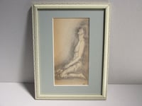 Image 1 of Small Pencil Drawing, La Madeleine by V Hart after Henner, in Vintage Frame Sized 8 3/4 x 6 3/4 ins 