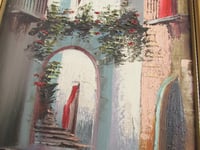 Image 3 of Vintage Painting, Mediterranean Street Steps c. 1970s, in Frame Size 18 1/4 x 11 1/2 ins,  Signed 