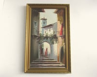 Image 1 of Vintage Painting, Mediterranean Street Steps c. 1970s, in Frame Size 18 1/4 x 11 1/2 ins,  Signed 