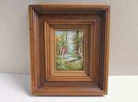 Image 1 of Vintage Oil Painting, Woodland River, Signed Small Artwork in Wooden Frame Size 14 6/10 x 12 6/10 in
