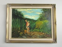 Image 1 of Vintage Oil Painting, Two Boys Fishing in Stream, Signed M Down, Framed Size 19 1/4 x 15 3/8 ins
