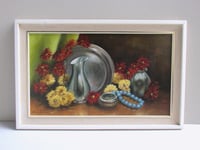 Image 1 of Vintage Still Life Oil Painting by Stan Butler c 1970s, in Frame Sized 19 1/4 x 12 4/10 ins         