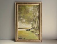 Image 1 of Vintage Painting, Boat on Lake or River by Tozer c.1970s 80s, Frame Size 22 1/2 x 14 1/2 ins 