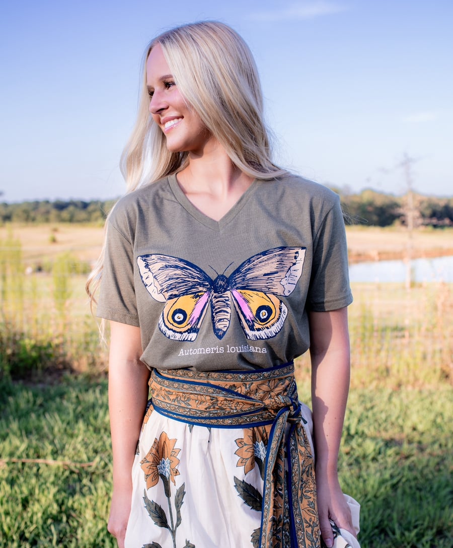 Image of Adult Louisiana Eyed Silkmoth in Military Green V Neck