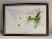 Image 1 of 1980s Surreal Watercolour Painting, Trees and Birds, Signed, Framed Size 19 1/8 x 13 3/4 ins