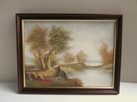 Image 1 of Vintage Canvas Painting, Riverside Cottage Landscape by B. Groneman c 1980s, Frame 18 x 14 ins 