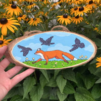 Image 1 of Fox & Crow Wood Slice Painting