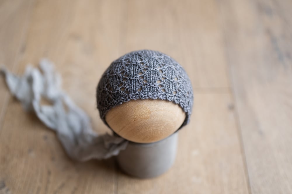 Image of RTS Medium Grey Lace Bonnet with ribbon ties {WRAP AVAILABLE as presale}