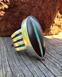 Image 1 of WL&A Handmade Heavy Ingot Cuatro Black Jack Turquoise Ring - Size 8.5