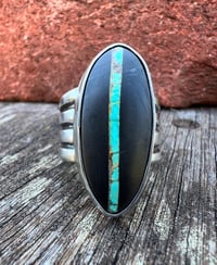 Image 3 of WL&A Handmade Heavy Ingot Cuatro Black Jack Turquoise Ring - Size 8.5