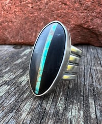 Image 4 of WL&A Handmade Heavy Ingot Cuatro Black Jack Turquoise Ring - Size 8.5