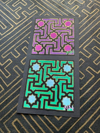 Image 1 of Small pink and green Turkish pattern UV paintings on black card