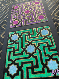 Image 2 of Small pink and green Turkish pattern UV paintings on black card