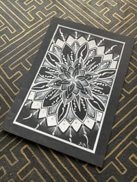 Image 1 of A5 black and silver calligraphy mandala on black card