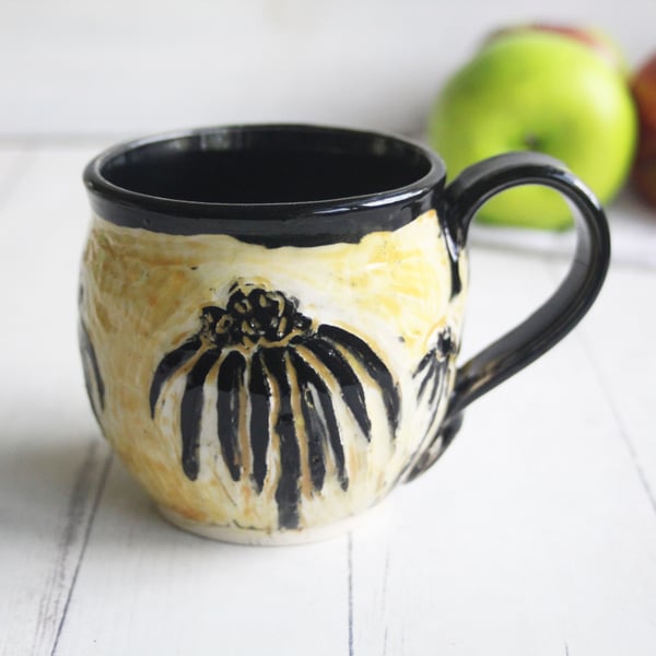 Image of Sgraffito Black Eye Susan Flower Mug, Hand Carved Botanical Design Specialty Art Mug, Made in USA