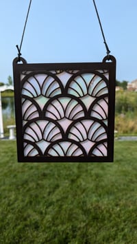 Image 3 of Art Deco Wood Scallop Over Iridescent White Glass