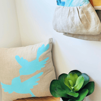 Image 5 of Dove Love Cushion Cover Hand Printed in Aqua on Natural Linen