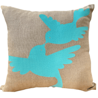 Image 1 of Dove Love Cushion Cover Hand Printed in Aqua on Natural Linen