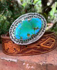 Image 1 of WL&A Handmade Sterling Silver Gem Grade XL Kingman Turquoise Belt Buckle - 3 x 2.5" - 169 Grams