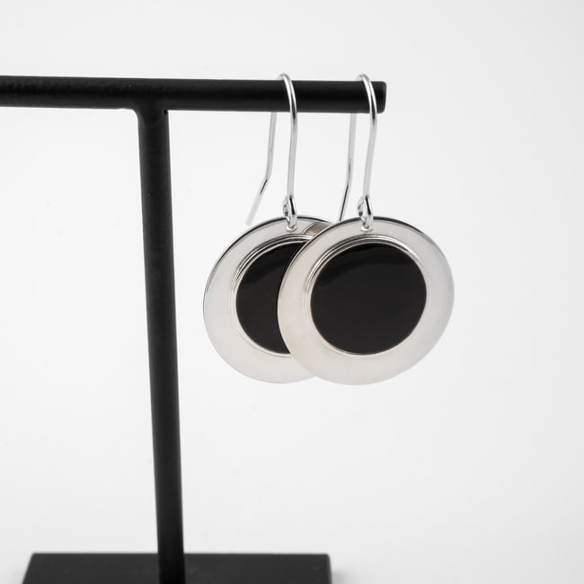 Big Double Rounded Silver Earrings-Black