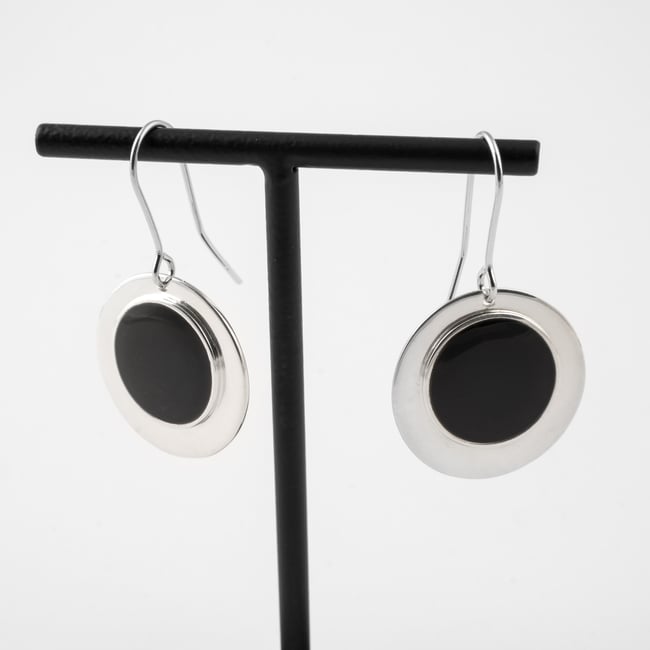 Big Double Rounded Silver Earrings-Black