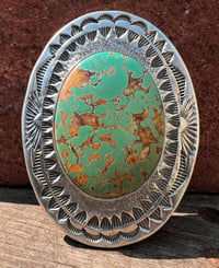 Image 1 of WL&A Handmade Sterling Silver Gem Grade XL Vintage Green Royston Turquoise Belt Buckle - 3 x 2.5"