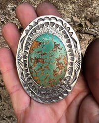 Image 4 of WL&A Handmade Sterling Silver Gem Grade XL Vintage Green Royston Turquoise Belt Buckle - 3 x 2.5"