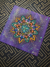 Image 1 of 8" x 8" purple mandala painting on canvas board