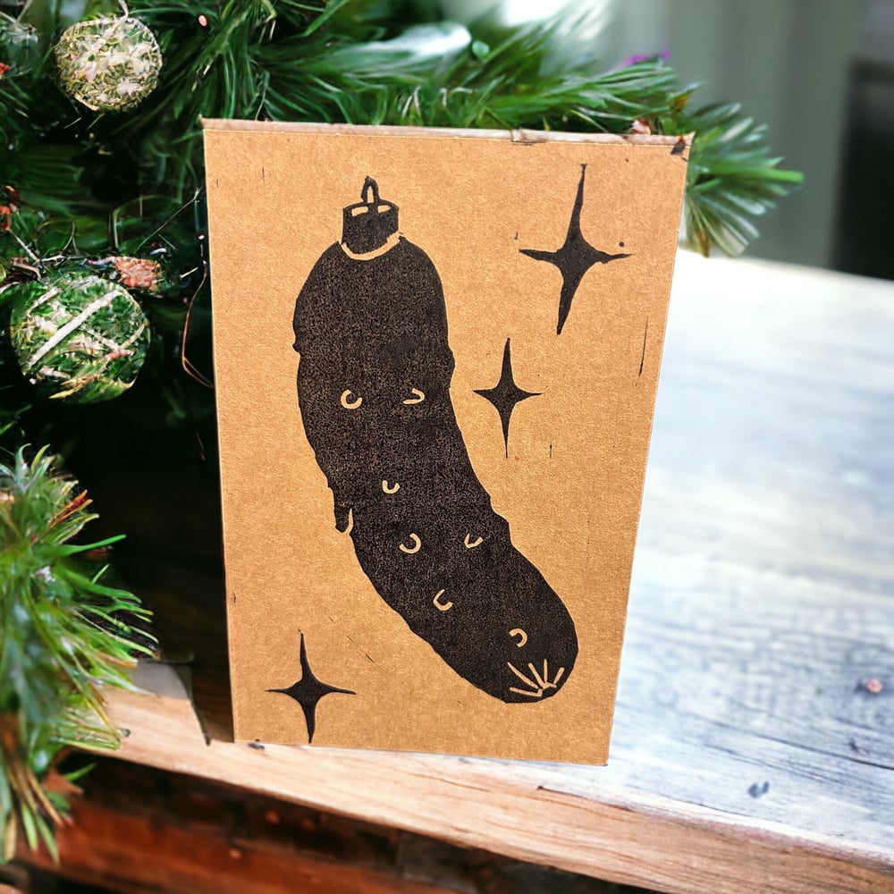 Image of Tree Pickle Ornament - Holly-Daze Block Print Greeting Cards, Blank