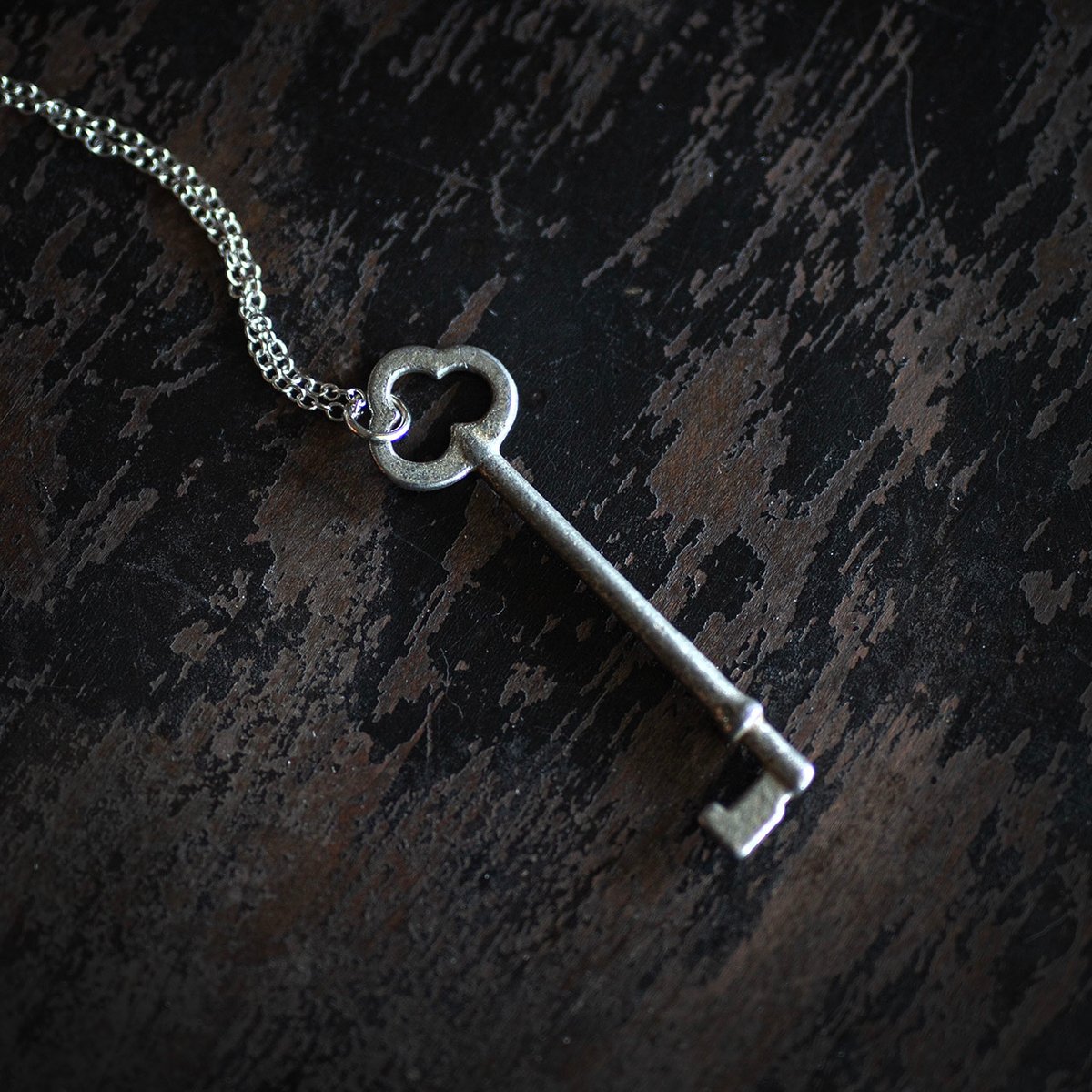 Large silver cloud skeleton key necklace