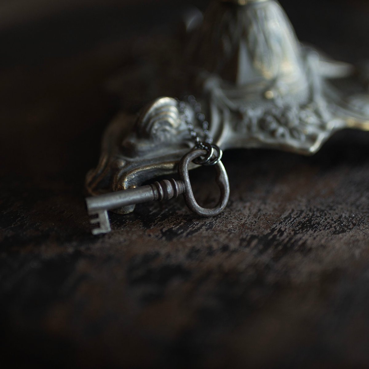 Dark silver skeleton key necklace on gunmetal chain