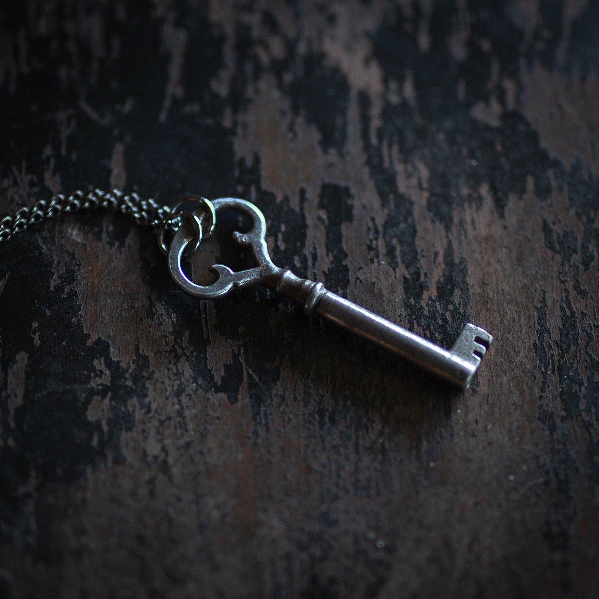 Large ornate skeleton key necklace on gunmetal chain