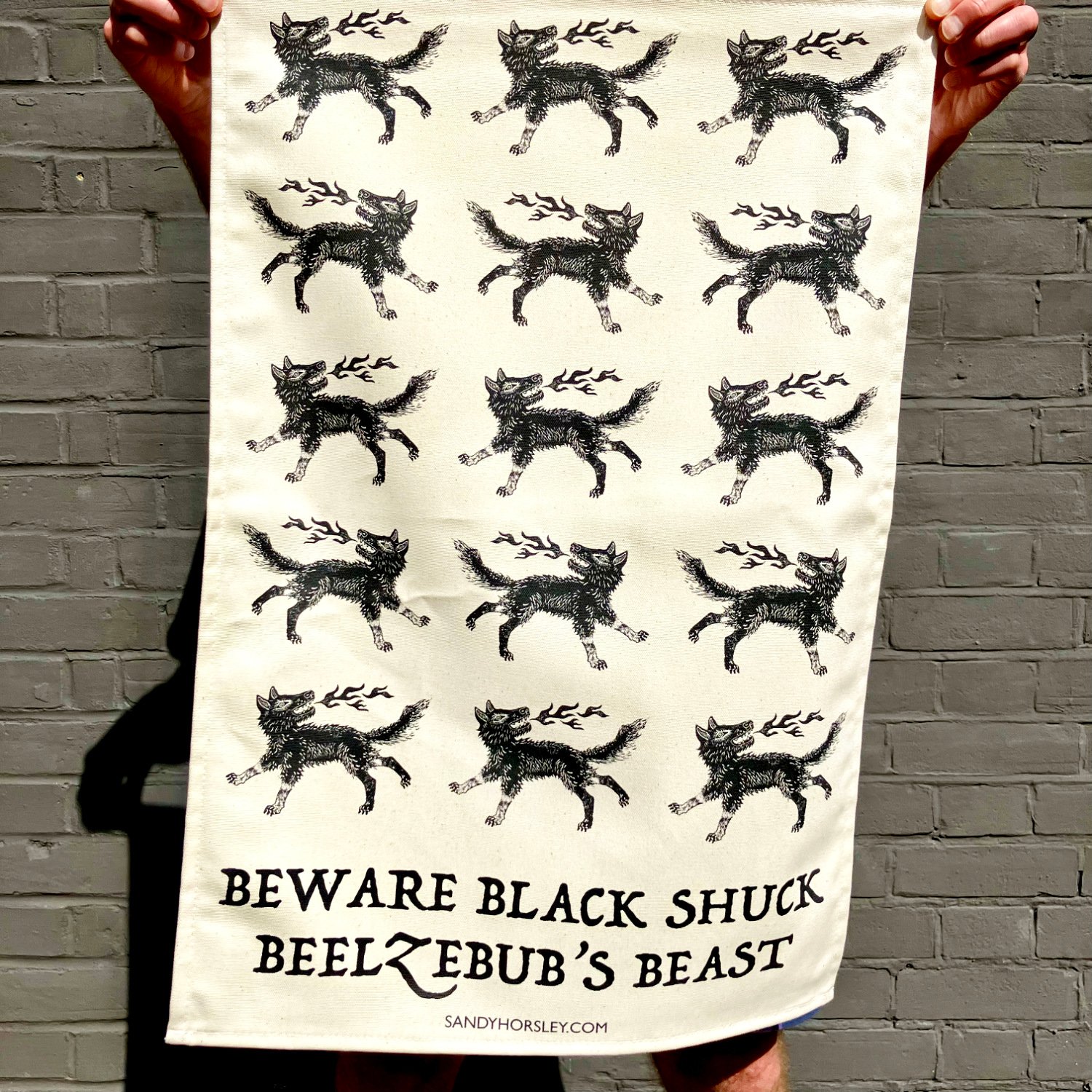 BEWARE BLACK SHUCK Tea Towel