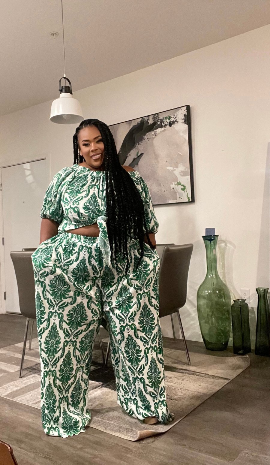 Image of 3PACK GREEN/WHITE PRINTED OFF SHOULDER 2-PIECE PANT SET