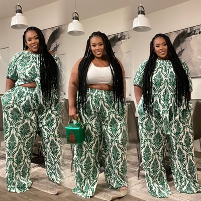 Image of 3PACK GREEN/WHITE PRINTED OFF SHOULDER 2-PIECE PANT SET