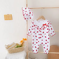 Image 2 of Pink/White Strawberry Print Romper & Bonnet