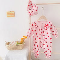 Image 3 of Pink/White Strawberry Print Romper & Bonnet