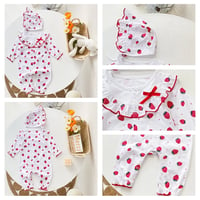 Image 8 of Pink/White Strawberry Print Romper & Bonnet