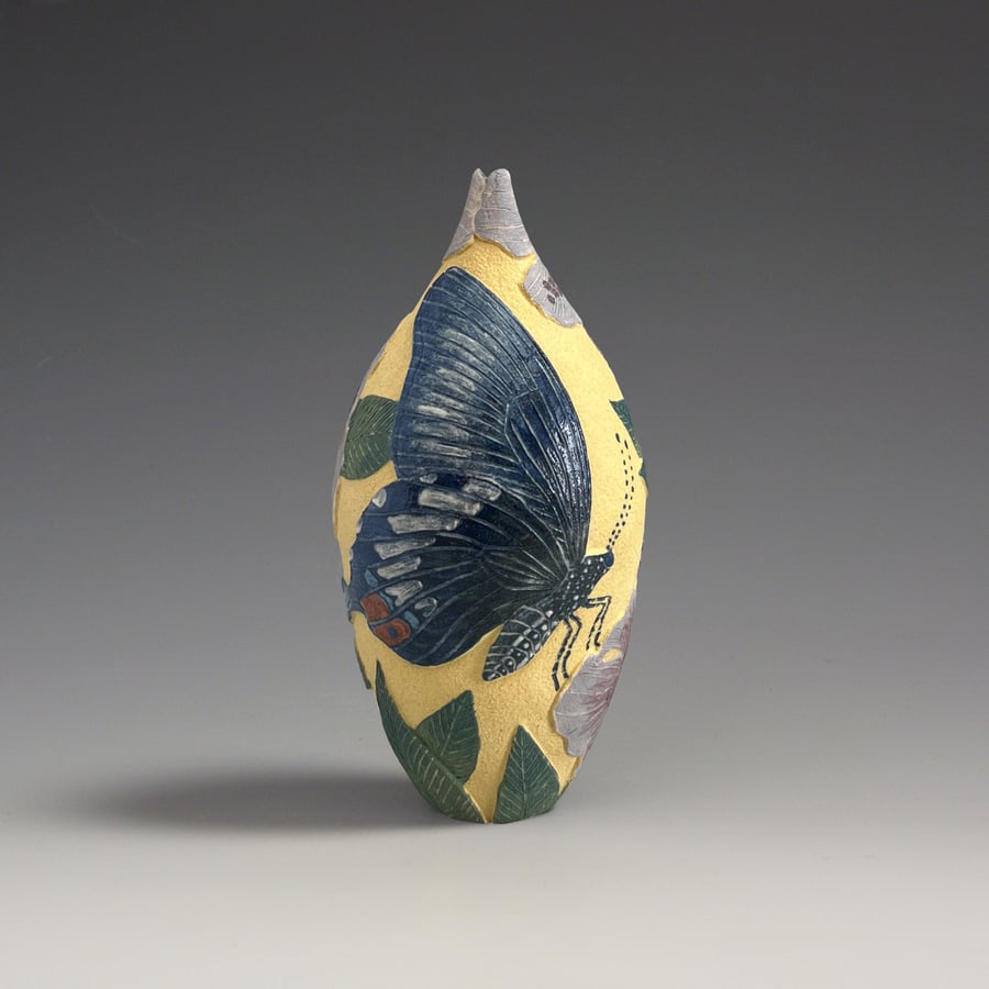 Image of Malaysian butterfly & Hibiscus sgraffito vessel 