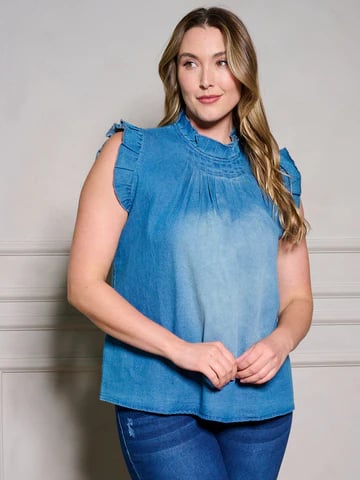 Image of 3PACK RUFFLE MOCK NECK BACK DETAILED WASHED DENIM TOP-BLUE