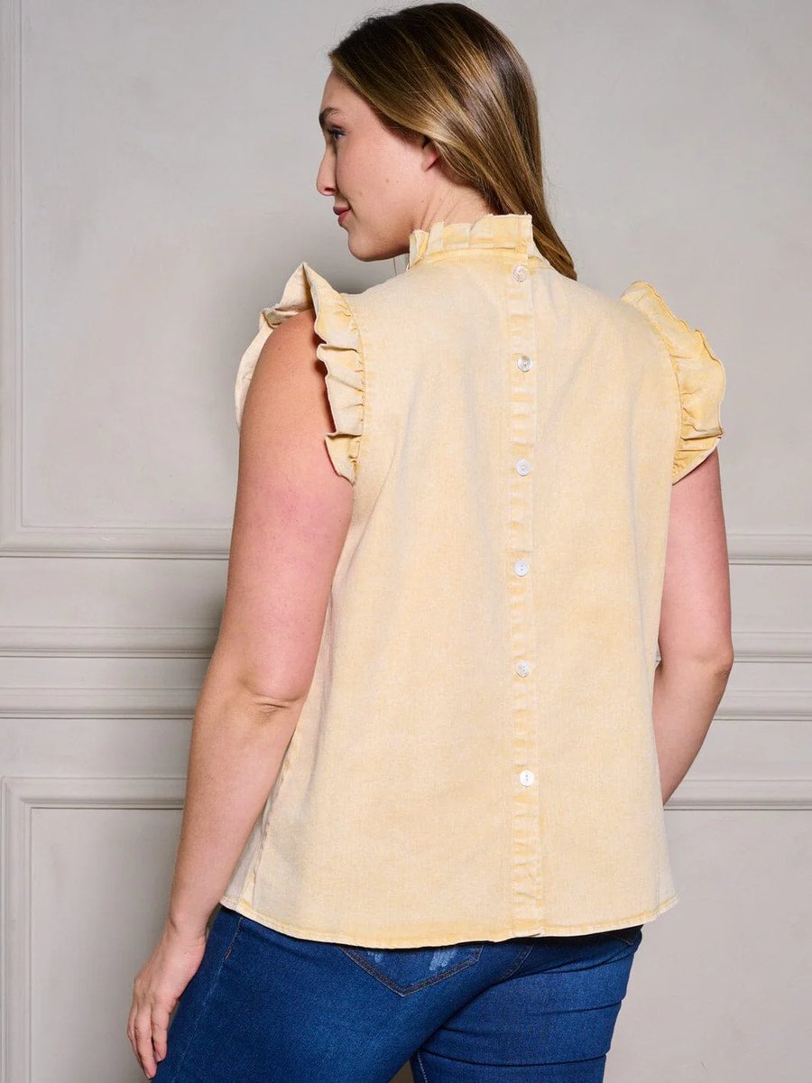 Image of 3PACK RUFFLE MOCK NECK BACK DETAILED WASHED DENIM TOP-MUSTARD