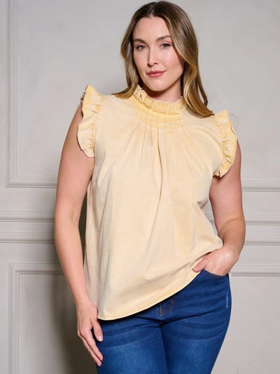 Image of 3PACK RUFFLE MOCK NECK BACK DETAILED WASHED DENIM TOP-MUSTARD