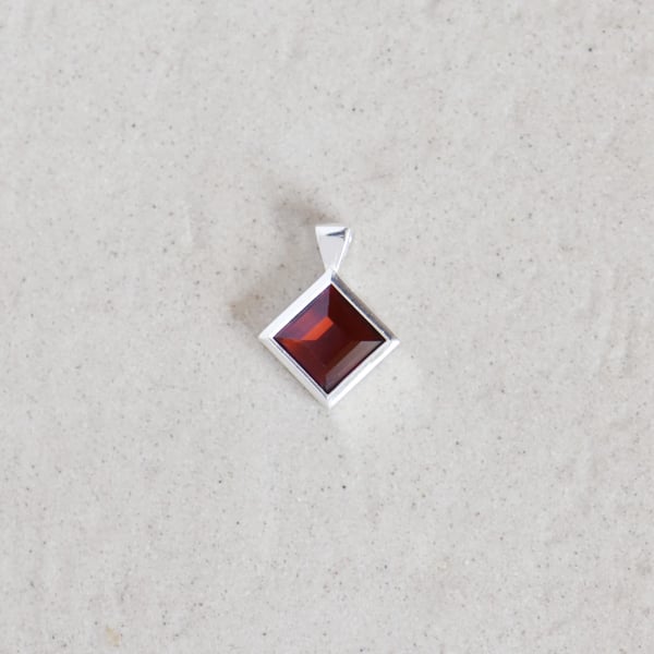 Image of Fire Red Garnet square cut silver necklace