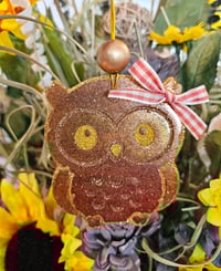 Image 1 of Brown girly owl feeshie with bow and bead - Macintosh apple....thinner size 