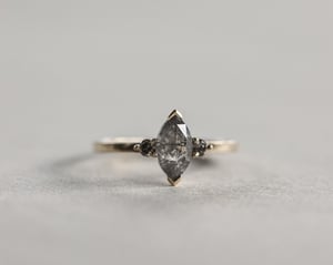 Image of 18ct gold, marquise cut 'Salt and Pepper' diamond, trilogy ring (LON125)
