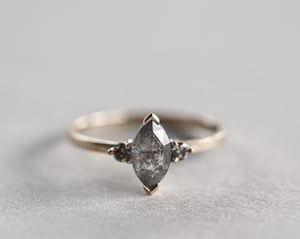 Image of 18ct gold, marquise cut 'Salt and Pepper' diamond, trilogy ring (LON125)