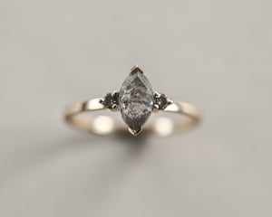 Image of 18ct gold, marquise cut 'Salt and Pepper' diamond, trilogy ring (LON125)